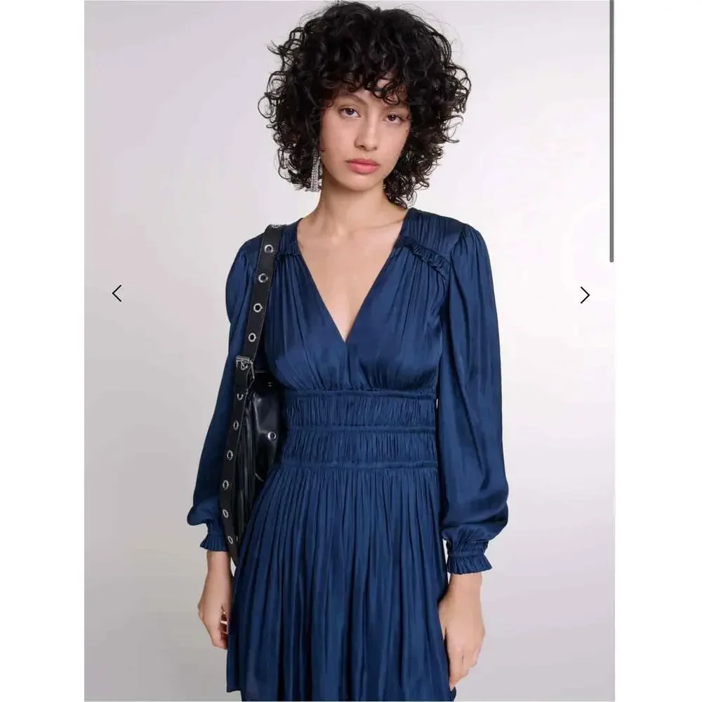 Maje Rianne Navy Satin Mini Dress Ruffled V Neck Long Sleeve Size 36 US 4 - Picture 2 of 9